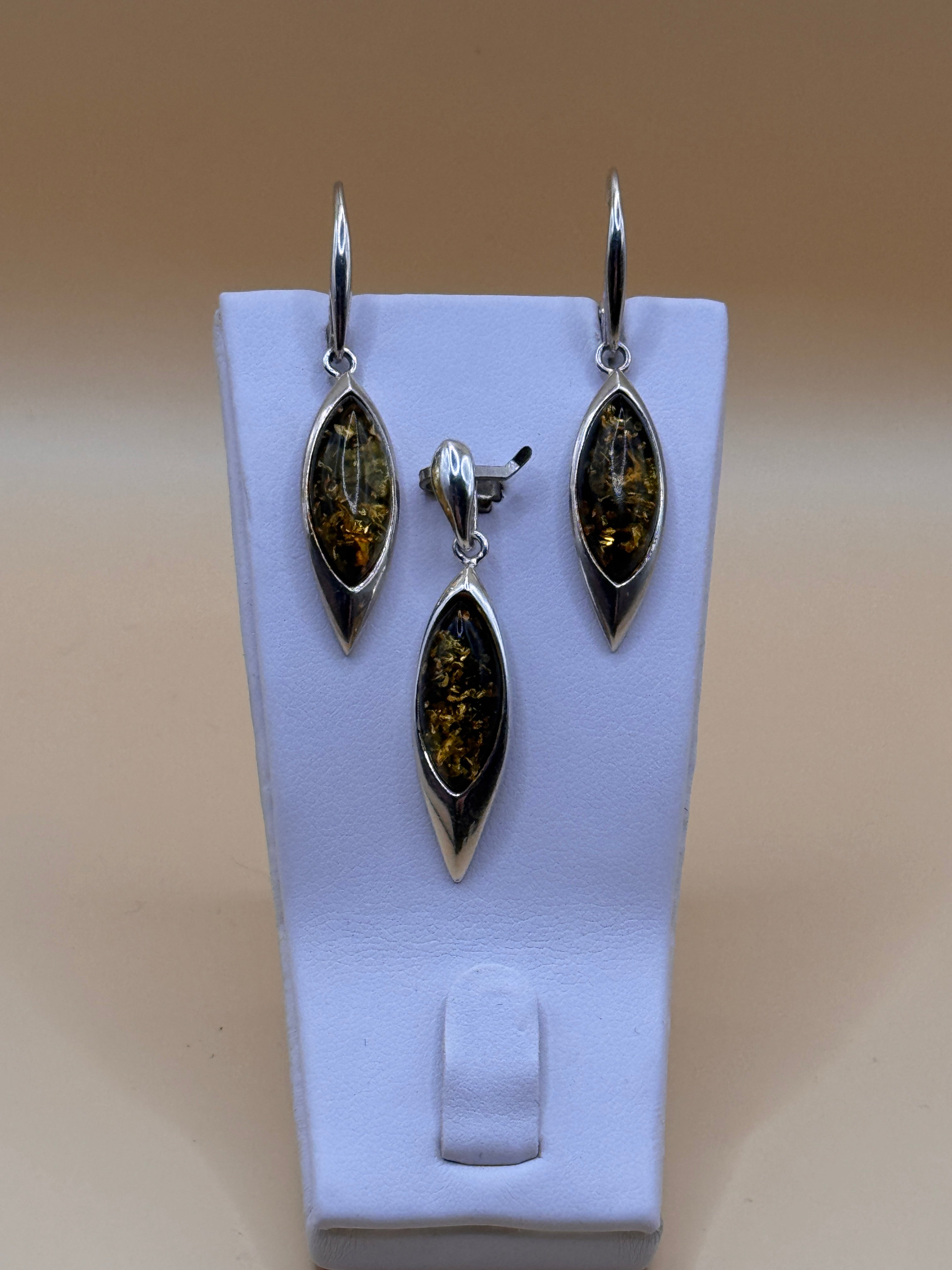 Komplet srebro z bursztynem (markiza) (kolczyki + wisiorek)