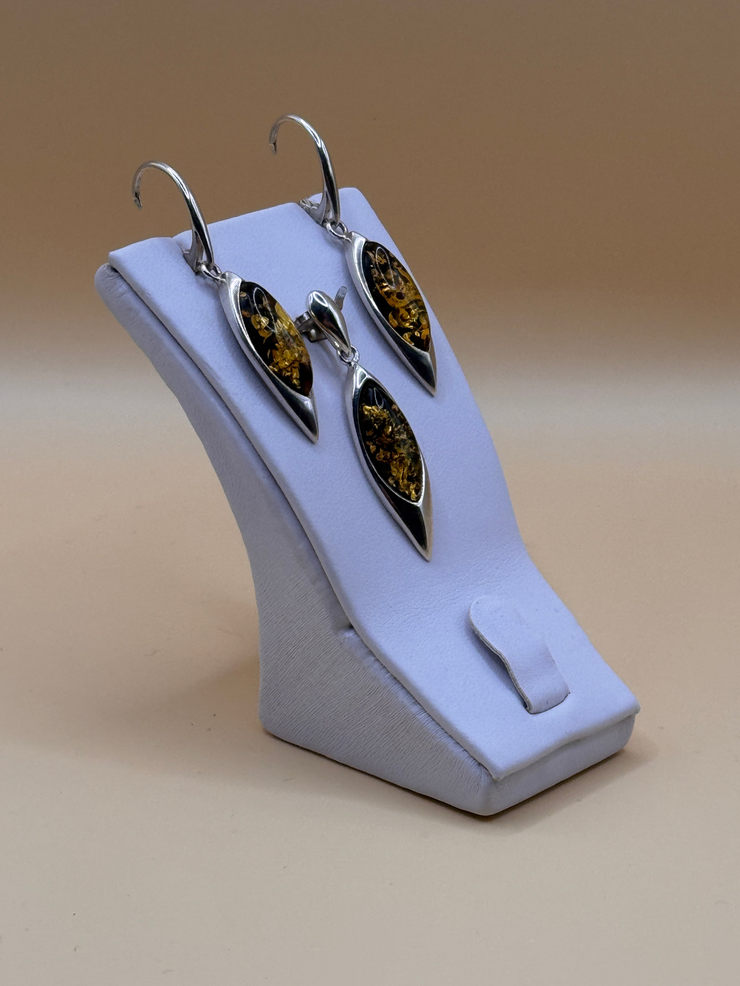 Komplet srebro z bursztynem (markiza) (kolczyki + wisiorek)