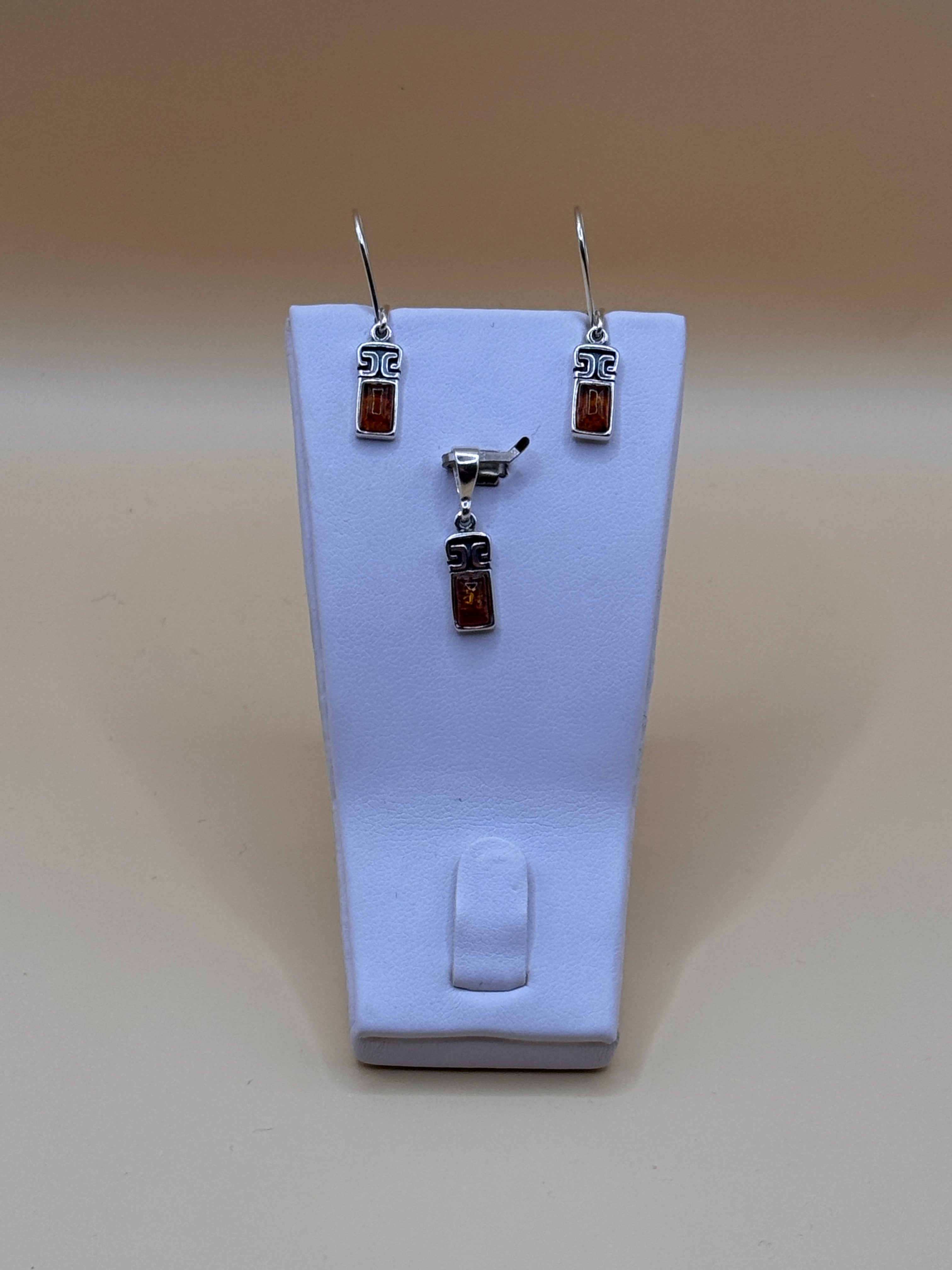 Komplet srebro z bursztynem (greckie prostokąciki) (kolczyki + wisiorek)