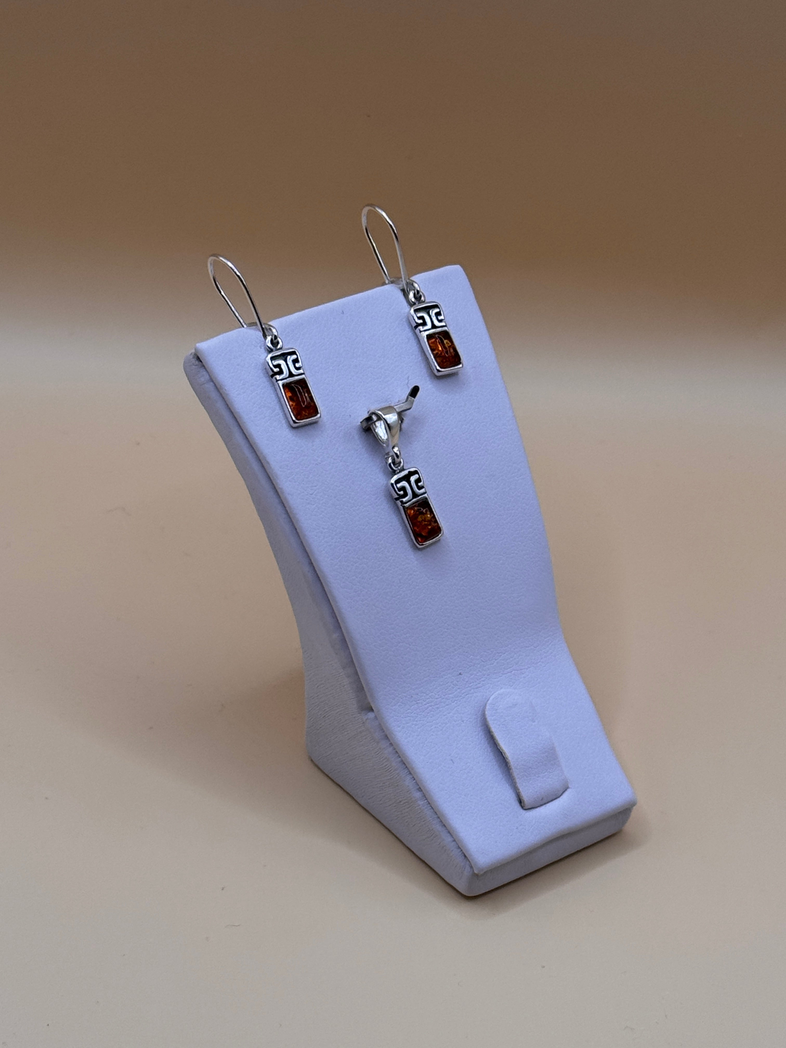 Komplet srebro z bursztynem (greckie prostokąciki) (kolczyki + wisiorek)