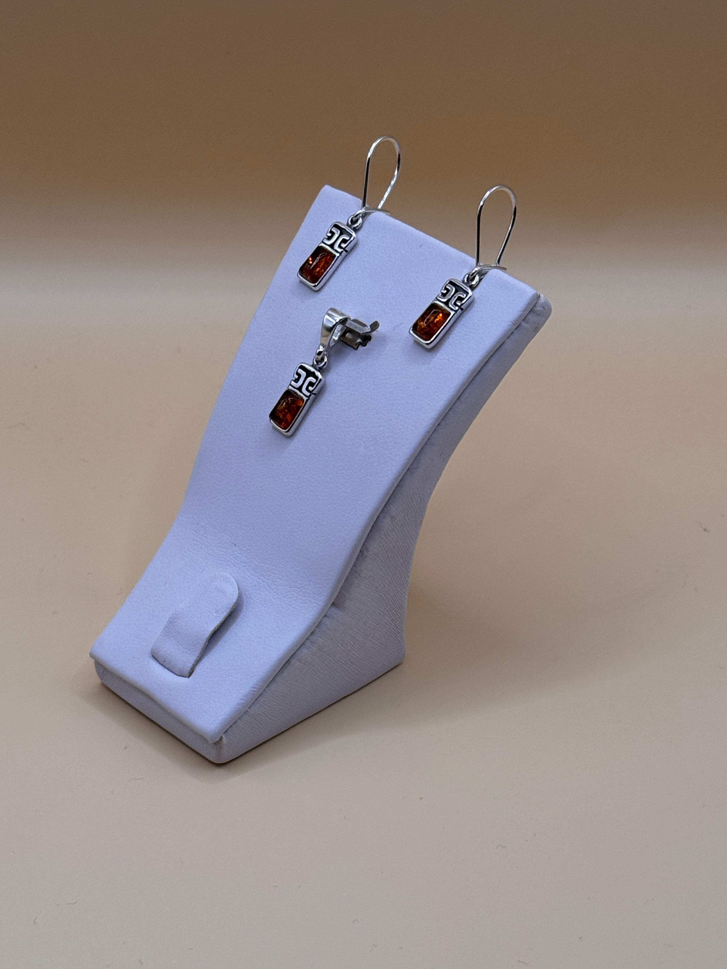Komplet srebro z bursztynem (greckie prostokąciki) (kolczyki + wisiorek)
