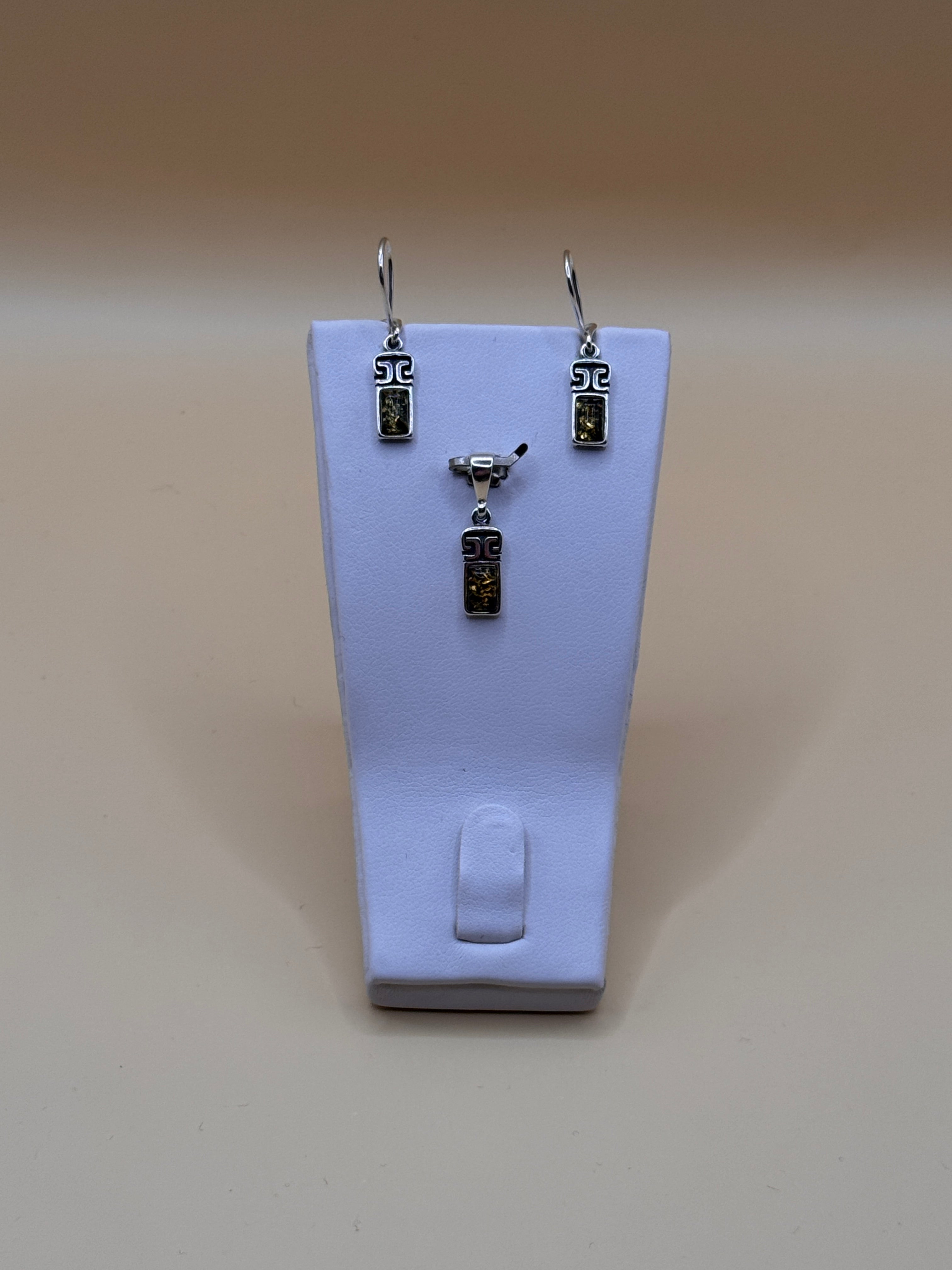 Komplet srebro z bursztynem (greckie prostokąciki) (kolczyki + wisiorek)