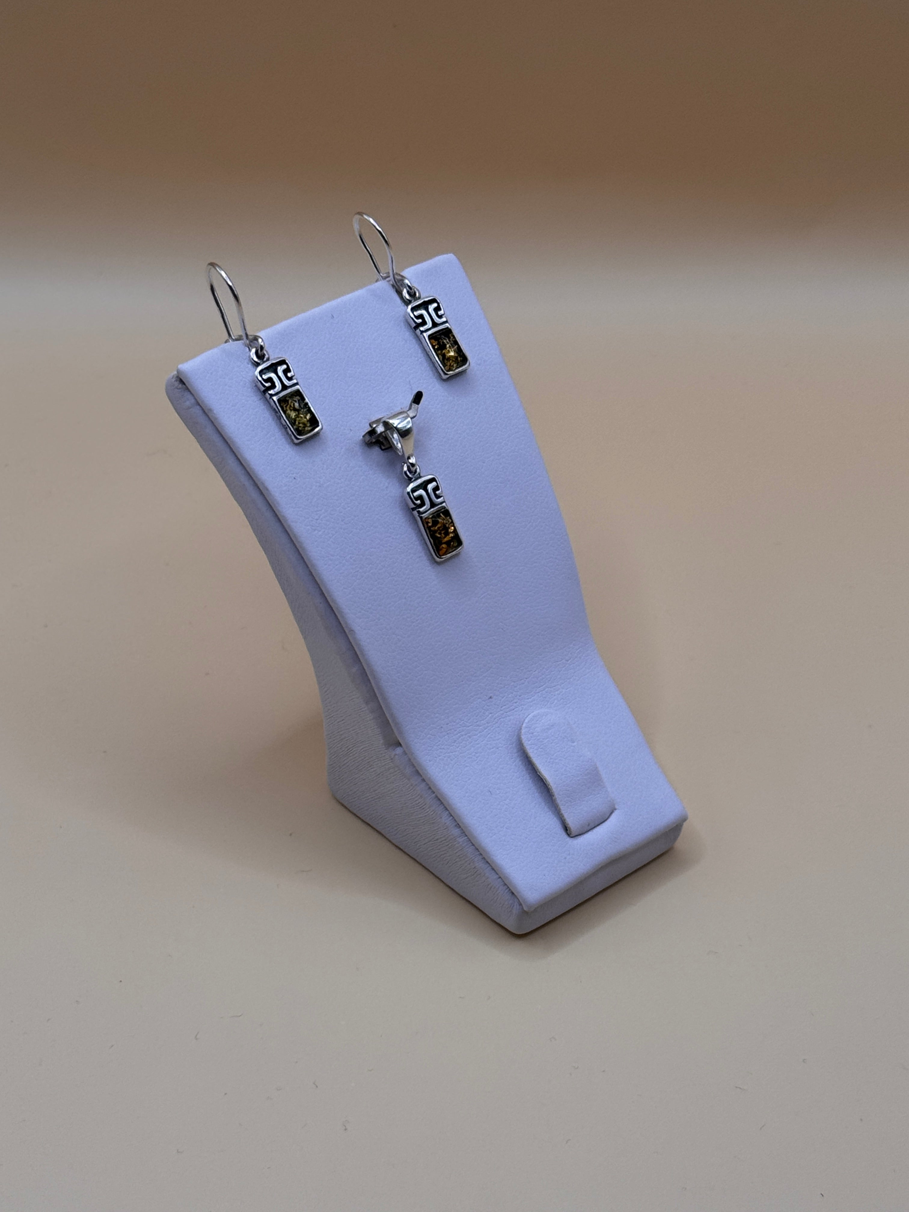 Komplet srebro z bursztynem (greckie prostokąciki) (kolczyki + wisiorek)