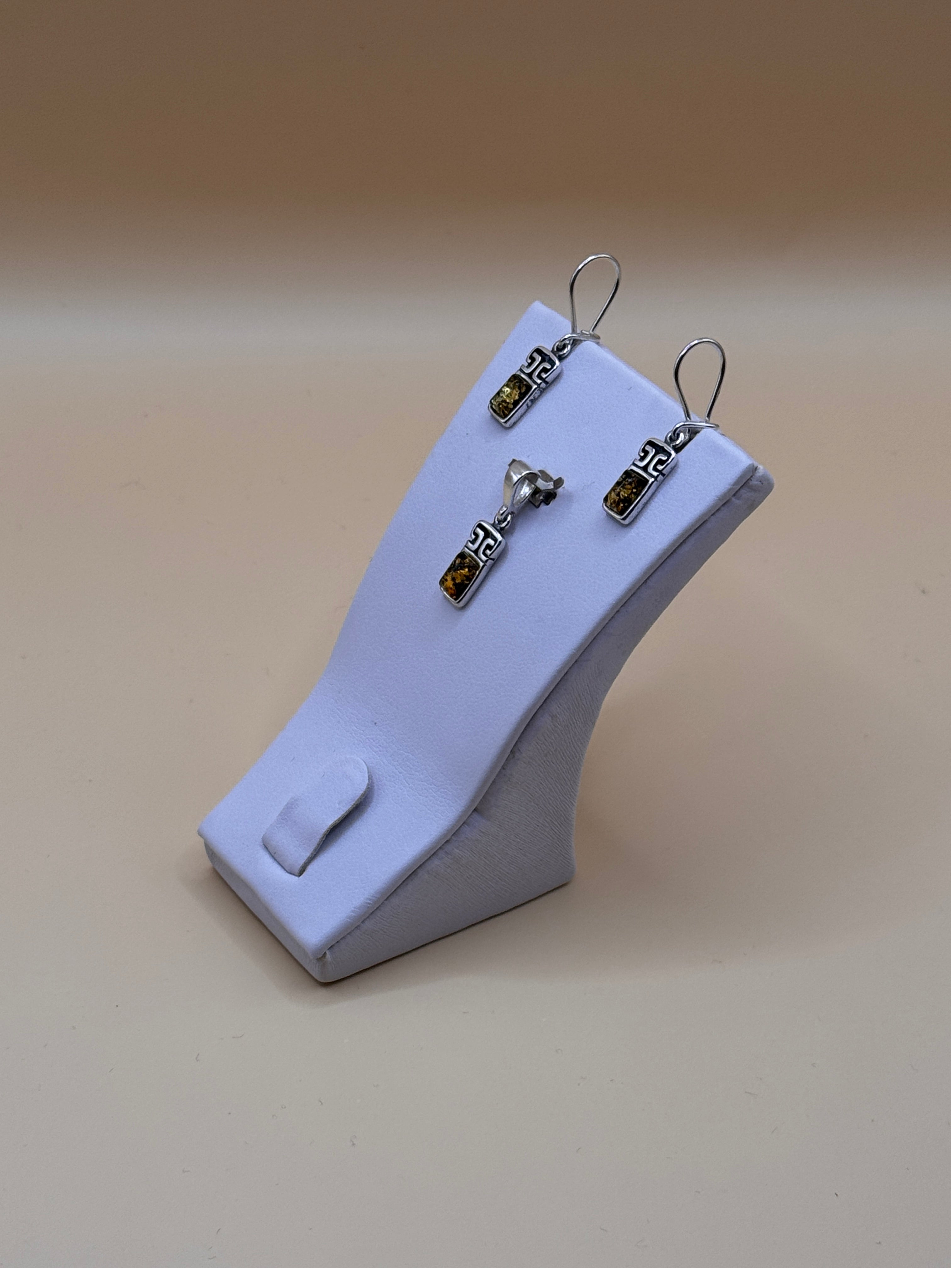 Komplet srebro z bursztynem (greckie prostokąciki) (kolczyki + wisiorek)