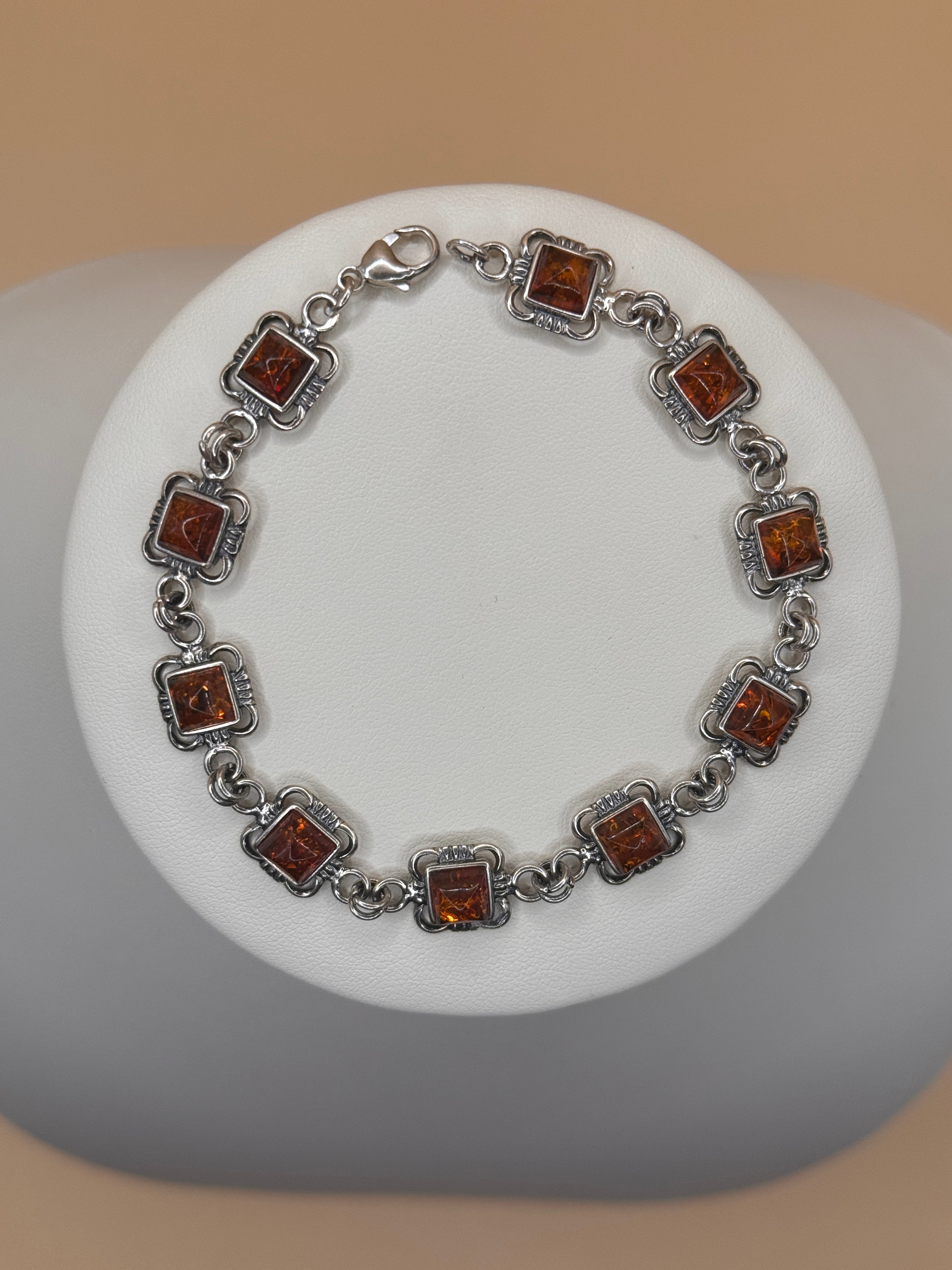 Bransoletka srebrna z bursztynem (kwadraty)