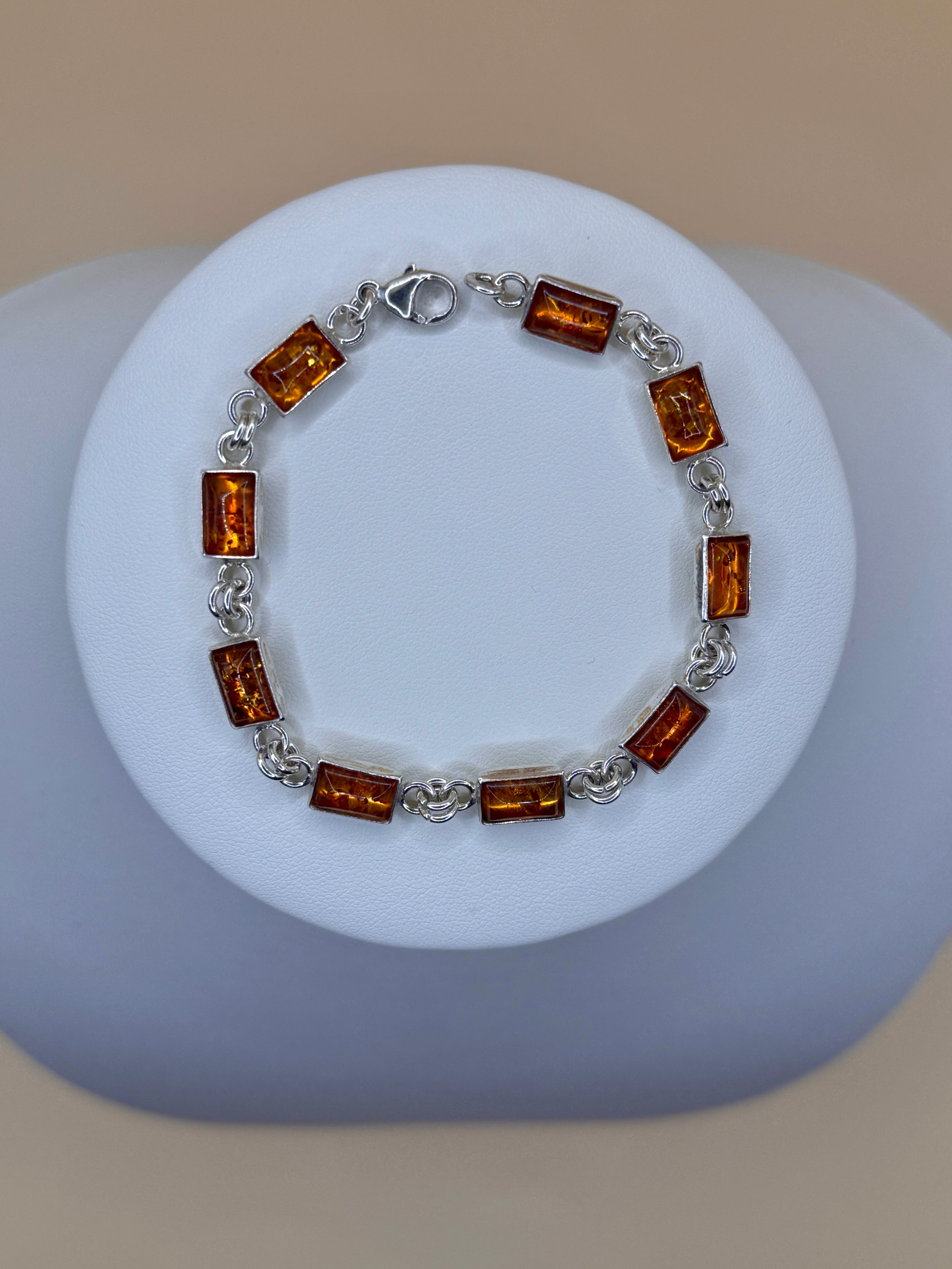 Bransoletka srebrna z bursztynem (prostokąty)